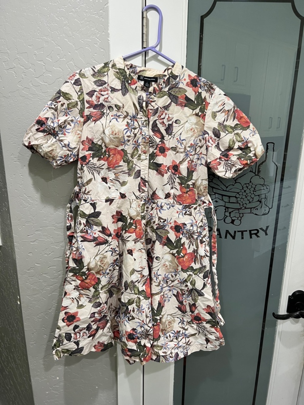 INC International Concepts Cream Floral Button Romper with Red & Green Accents
